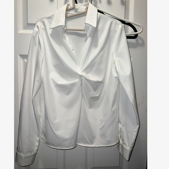 Twist Front White Office Shirt Long Sleeve Collar Neckline V-Neck - Picture 9 of 10
